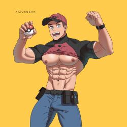 bulge courier_(pokemon) flexing kizokusan looking_at_viewer male male_only muscles muscular muscular_male pokemon pokemon_sv shirt_lift