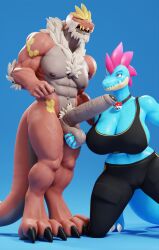 2020s 2022 3d 3d_(artwork) anthro ball_grab ball_squeeze ballbusting balls big_balls big_breasts big_penis blue_body blue_eyes breasts camel_toe cassard_(haxton) cleavage closed_eyes clothed clothing connivingrat digital_media_(artwork) duo female feraligatr foreskin fossil_pokémon genitals hi_res huge_breasts kneeling male male/female muscular muscular_anthro muscular_male nintendo nude open_mouth penis pokémon_(species) pokemon pokemon_(species) reptile_feet simple_background smile standing tyrantrum video_games yuki_(evov1) yukigatr_(evov1)