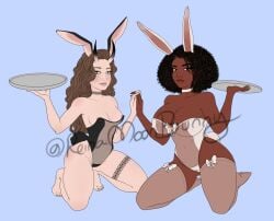 2girls black_hair blue_eyes brown_eyes brown_hair bunny_ears bunny_girl bunny_tail bunnysuit dark-skinned_female dark_skin female female_only holding_hands large_breasts leotard light-skinned_female light_skin long_hair natural_hair on_knees reinamoonbunny see-through_clothing small_breasts transparent_bunnysuit waitress