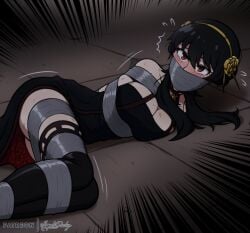 1girls assassin black_hair blush bondage boots bound captured captured_heroine dress duct_tape female female_human gag gagged hi_res human light-skinned_female light_skin long_hair lying magnolia-baillon mature_female on_floor red_eyes restrained restraints solo spy_x_family stockings sweat tape tape_bondage tape_gag taped_mouth thorn_princess tiara tied tied_up yor_briar yor_forger