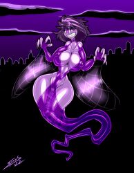 absurd_res clothing female ghost hi_res humanoid looking_at_viewer purple purple_background saliant sapphire_night sharp_teeth simple_background solo spirit teeth translucent translucent_clothing