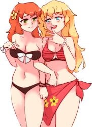 2girls belly_button bikini blonde_hair blue_eyes blush blushing_at_partner bra female female_only flower_in_hair ginger ginger_hair green_eyes katawa_shoujo navel oc original_character panties red_hair rtil satou_lilly smile smiling smiling_at_partner stomach wide_hips