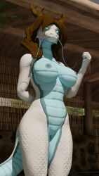 16:9 3d_(artwork) 4k absurd_res anthro asian_mythology blender_(software) blender_cycles blue_body blue_scales breasts brown_hair digital_media_(artwork) dragon east_asian_mythology eastern_dragon female genitals green_eyes grey_body grey_scales hair hi_res horn japanese_mythology looking_at_viewer mythology nipples nude pussy scales scalie smallking smile solo widescreen