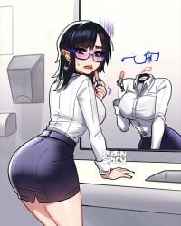 big_breasts black_hair blushypixy blushyspicy brown_hair brunette_hair choker confused confused_look confusion female glasses lips lipstick looking_at_viewer oc office_clothing office_lady original original_character secretary shirt vampire vampy_(blushypixy) vivian_(blushyspicy) wide_hips