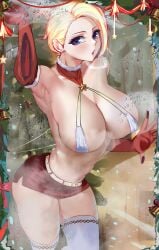 1girls against_glass bikini blonde_hair blue_eyes breasts christmas cleavage female huge_breasts large_breasts light-skinned_female light_skin loooyd medium_hair original_character revealing_clothes solo thighs