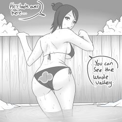 1girls adapted_costume against_fence akatsuki_(naruto) arm_support ass big_breasts bikini breasts from_behind hot_spring konan long_hair looking_at_viewer looking_back mattwilson83 monochrome naruto naruto_(series) naruto_shippuden offscreen_character onsen partially_submerged solo solo_focus speech_bubble standing swimsuit talking talking_to_viewer text text_bubble water wooden_fence