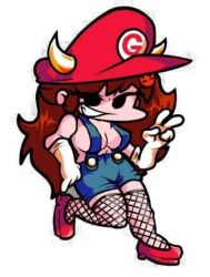 auburn_hair edit fishnets friday_night_funkin girlfriend_(friday_night_funkin) gloves heels horns mario_(series) mario_girlfriend_(fnf) mario_hat marios_madness navel peace_sign suspenders