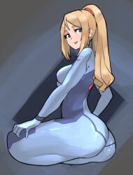 1girls ass babus_games blonde_hair blue_eyes clothed female gun huge_ass lipstick looking_at_viewer metroid nintendo ponytail samus_aran skin_tight smile solo zero_suit zero_suit_samus