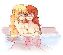 2girls adorable bath bathing blonde_hair blue_eyes blush blushing_at_partner cute female female_only ginger ginger_hair green_eyes hands_between_legs hands_covering_breasts hands_over_breasts katawa_shoujo long_hair medium_breasts nude oc original_character red_hair rtil satou_lilly smile smiling smiling_at_partner yuri