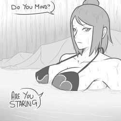 1girls adapted_costume akatsuki_(naruto) big_breasts bikini breasts busty cleavage collarbone hot_spring konan long_hair looking_at_viewer mattwilson83 monochrome naruto naruto_(series) naruto_shippuden offscreen_character onsen partially_submerged relaxing sitting solo solo_focus speech_bubble swimsuit talking talking_to_viewer text text_bubble upper_body water wooden_fence