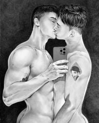 ass black_and_white boyfriends brad_welch_art butt cellphone east_asian east_asian_male edison_fan fitness_model gay instagram_model male male_only men_kissing muscles muscular muscular_male pencil_(artwork) real_person rob_seo selfie sketch tattoos uncolored