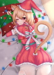 1girl 1girls animal_ears artist_request bangs blush bow brown_hair candy candy_cane capelet cat_ears cat_tail catgirl christmas christmas_hat christmas_lights christmas_outfit closed_mouth confetti dress eyebrows_visible_through_hair face_markings female female_focus female_only fur-trimmed_capelet fur-trimmed_headwear fur-trimmed_sleeves fur_trim gift green_bow hair_between_eyes hat holding kemonomimi laying_down laying_on_stomach long_sleeves looking_at_viewer one_eye_closed pantyhose pillow red_capelet red_dress red_eyes red_headwear santa_costume santa_hat smile solo solo_female solo_focus sparkle squchan_(vtuber) star_(symbol) striped tail virtual_youtuber vyugen watermark white_legwear