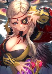 1girls aduti_momoyama alternate_costume bangs black_feathers blonde_hair book breasts circlet cleavage clothing_cutout cloud cloudy_sky collarbone eyepatch feather_trim feathers female female_only fire_emblem fire_emblem_fates fire_emblem_heroes gold_trim green_eyes grey_eyes grin highres holding holding_book large_breasts long_hair looking_at_viewer nintendo o-ring official_alternate_costume ophelia_(fire_emblem) ophelia_(starlit_maiden)_(fire_emblem) sky smile solo swept_bangs teenager teeth upper_body