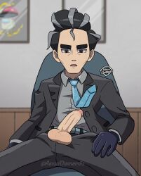 aaron_diamandis bara boner erect_penis erection hard_on larry_(pokemon) male male_only penis_out pokemon pokemon_sv spread_legs suit_and_tie veiny_penis