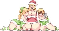 3girls areola areolae big_breasts blonde_hair blush blushing_at_partner breast_sucking breastfeeding breasts christmas christmas_clothing christmas_headwear christmas_outfit closed_eyes female female_only hairbow incest katawa_shoujo lactation large_breasts long_hair milf mother_and_daughter nipples one_eye_closed phone red_eyes revealing_clothes rtil saliva_string saliva_trail santa_hat satou_akira satou_karla satou_lilly thighhighs yuri