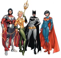 1boy 3girls amazon aquawoman ariel_curry atlantean batwoman big_breasts black_hair blonde_hair blue_eyes boots breasts bryce_wayne cape clara_kent clothing curvy curvy_female curvy_figure dc dc_comics earth_11 female fit fit_female fit_male gloves human kryptonian light-skinned_female light-skinned_male male mature mature_female milf mother official_art outerwear pale_skin queen short_hair superhero superheroine superwoman tight_clothing trident white_fur wide_hips wonderous_man