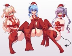 3girls blonde_hair blue_eyes blue_hair bondage bound christmas devil_girl devil_tail femsub gag gagged green_eyes hat highres holoforce hololive hololive_gen_0 hololive_gen_5 hololive_japan hoshimachi_suisei long_hair maullarmaullar momosuzu_nene multiple_girls multiple_subs naked_ribbon purple_hair ribbon santa_hat side_ponytail tail thighhighs tied_together tokoyami_towa twintails virtual_youtuber