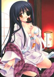 amber_eyes black_hair blush candy clenched_teeth eating eye_patch female female_only food gintama hair_down hi_res indoors japanese_clothes kimono lantern lollipop long_hair looking_at_viewer medium_breasts miyasu_risa obi open_kimono sarashi shouji sitting solo yagyuu_kyuubei