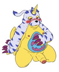 animal_skin anthro balls bandai_namco belly belly_markings blush digimon digimon_(species) erection foreskin fur gabumon genitals hi_res male markings moobs nipples overweight penis reddo12340 solo striped_body striped_fur stripes yellow_body