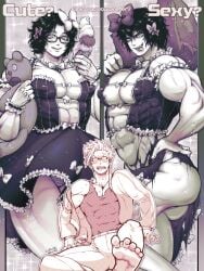 3boys abs akaiwa ambush_(trap) areola_slip big_pecs crossdressing frilled_dress frills gaoh_ryuki glasses hairbow hand_on_hip ice_cream kengan_(series) kengan_ashura kengan_omega looking_at_viewer maid_uniform male male_only monochrome muscular muscular_male muscular_thighs narushima_koga nipple_bulge pecs puffy_nipples smile take_your_pick teddy_bear thick_thighs tokita_ohma tongue_out torn_clothes upskirt veiny_muscles