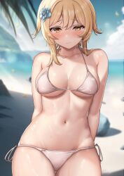 1girls beach big_breasts bikini blonde_hair blush bodily_fluids breasts female female_only genshin_impact lumine_(genshin_impact) navel solo solo_female swimsuit takenoko_pengin voluptuous white_bikini yellow_eyes