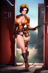 1girls ai_generated big_breasts breasts busty cleavage dizzydreamerai ear eyebrows eyelashes eyes female female_focus female_only hair hips hourglass_figure huge_breasts large_breasts legs light-skinned_female light_skin lips mechanic scifi soldier stable_diffusion thick thick_legs thick_thighs thighs top_heavy upper_body voluptuous waist wide_hips