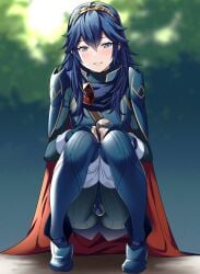 1girls ameno_(a_meno0) ass ass_visible_through_clothes bangs blue_eyes blue_hair blurry blurry_background blush cape facing_viewer female female_only fire_emblem fire_emblem_awakening long_hair looking_at_viewer lucina_(fire_emblem) nintendo red_cape smile solo squatting symbol-shaped_pupils teeth thighs tiara