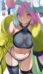 2girls blue_hair breasts brown_hair female gloria_(pokemon) grin gym_leader hair_ornament hews_hack horny iono_(pokemon) light-skinned_female light_skin long_hair long_sleeves medium_breasts midriff navel nintendo panties pink_eyes pink_hair pointy_teeth pokemon pokemon_ss pokemon_sv pokemon_trainer short_hair smile thighhighs thighs two_tone_hair