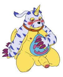 animal_skin anthro balls bandai_namco belly belly_markings blush collar digimon digimon_(species) erection foreskin fur gabumon genitals hi_res male markings moobs nipples overweight penis petplay reddo12340 roleplay solo striped_body striped_fur stripes yellow_body