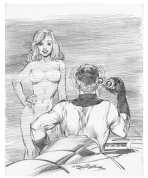 1boy 1boy1girl 1girls big_breasts binoculars black_and_white breasts canon_couple clothed_male_nude_female colorless couple curvy curvy_female duo fantastic_four female human human_only imminent_sex invisible_woman lipstick male male/female marvel monochrome mr_fantastic naked naked_female neal_adams reed_richards smile straight straight_hair sue_storm superhero superheroine wide_hips