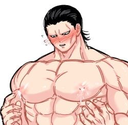 bara big_pecs black_hair blush embarrassed hair_slicked_back jeff_man kanoh_agito kengan_(series) kengan_ashura lactation lactation_without_expressing male male_lactation male_only muscular muscular_male no_eyebrows pecs solo surprised topless topless_male