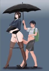 1boy 1girls backpack big_breasts big_penis blue_uniform bob_cut fixzhuzhu folder glasses high_heels huge_cock lingerie older_female panties_down pants raining shoes shorter_male stockings student student_fucking_teacher taller_female teacher teacher_and_student umbrella uniform walking walking_while_penetrated white_uniform younger_male