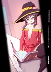 1girls black_hair blush bokuman cucumber cucumber_in_pussy cucumber_masturbation female female_only flat_chest flat_chested holy kono_subarashii_sekai_ni_shukufuku_wo! megumin reading reading_book short_hair solo tiny_breasts witch_hat