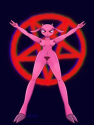 3:4 anthro bovid breasts caprine corruptedcartoonist female fur goat hi_res hooves horn judas_and_jesus looking_at_viewer looking_down mammal mary_magdalene nipples nude pentagram pink_body pink_fur pubes pubes_exposed solo wide_hips