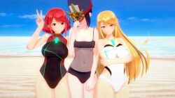 3d 3girls annoyed bangs beach big_boobs big_breasts bikini bikini_bottom bikini_top black_hair blonde blonde_hair blonde_hair_female boobs breasts closed_mouth core_crystal dark_hair dume embarrassed embarrassed_nude_female enf female female_focus female_only headwear humiliated humiliation koikatsu leotard light-skinned_female light_skin long_hair looking_at_viewer looking_away monolith_soft morag_ladair_(xenoblade) mythra_(xenoblade) nintendo open_mouth outdoors outside peace_sign pyra_(xenoblade) red_eyes red_hair seaside short_hair skindentation small_breasts swimsuit swimwear xenoblade_(series) xenoblade_chronicles_2 yellow_eyes