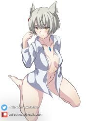 1girls cat_ears catgirl core_crystal excaliblader functionally_nude functionally_nude_female grey_hair mio_(xenoblade) naked_shirt nintendo short_hair simple_background small_breasts solo solo_female thighs xenoblade_(series) xenoblade_chronicles_3 yellow_eyes