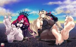 2girls almost_naked alternate_version_at_source baobhan_sith_(fate) barefoot barghest_(gawain)_(fate) big_breasts black_toenails blonde_hair bodysuit bracelet breasts city city_destruction crossed_legs earrings fairy_knight_tristan_(fate) fate/grand_order fate_(series) feet female female_only foot_fetish gauntlets giantess gray_eyes green_eyes highres long_ears long_hair long_toenails macrophilia meaty_soles muscle_girl nail_polish pink_eye pink_hair purple_toenails rankerhen sitting smug soles spread_toes toenail_polish toenails wrinkled_feet wrinkled_soles