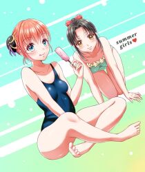 2girls all_fours bare_legs barefoot black_hair blue_eyes blue_swimsuit blush brown_eyes bun_cover crossed_legs double_bun female female_only full_body gintama hair_ornament hairbow kagura_(gintama) kazuyon looking_at_viewer multiple_girls one-piece_swimsuit orange_hair ponytail popsicle sitting small_breasts smile swimsuit tokugawa_soyo