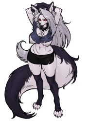 1girls anthro arms_up big_breasts breasts claws cursedanchovy fingerless_gloves furry furry_female grey_hair helluva_boss long_hair loona_(helluva_boss) navel nipples red_sclera spiked_collar tail thick_thighs white_eyes wolf wolf_ears wolf_girl wolf_tail