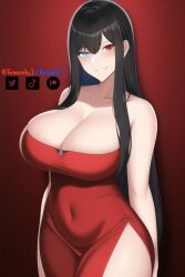 1girls ai_generated artist_self-insert blue_eyes cleavage dress emzie01 funemily1 hands_behind_back heterochromia large_breasts long_hair mommy mommy_kink nai_diffusion red_eyes smirk stable_diffusion standing tagme watermark