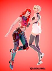 2girls 3d armor bare_shoulders big_ass blonde_hair blue_eyes clothed clothed_female crossover exposed_stomach female female_only fortnite fortnite:_battle_royale freckles mercy midriff mons_pubis navel nose_piercing overwatch pubic_mound red_hair simple_background smile strapless the_imagined_(fortnite) tight_clothing tubetop vaneimaginada workout_clothes