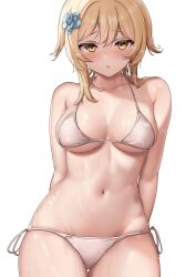 1girls big_breasts bikini blonde_hair blush bodily_fluids breasts female female_only genshin_impact lumine_(genshin_impact) navel solo solo_female swimsuit takenoko_pengin voluptuous white_background white_bikini yellow_eyes