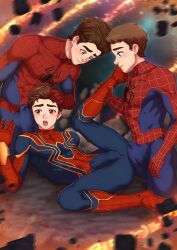 andrew_garfield bodysuit brown_hair erection_under_clothes gay hair_grab imminent_sex leg_grab male_only marvel muscular_male selfcest spider-man spider-man:_no_way_home spider-man_(tom_holland) straight_hair suiton threesome tobey_maguire tom_holland worried_expression