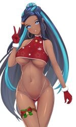 alternate_costume black_hair blue_eyes blush christmas christmas_clothing christmas_outfit cleavage dark-skinned_female dark_skin earrings female female_only large_breasts long_hair multicolored_hair nessa_(pokemon) peace_sign pokemon pokemon_ss red_gloves red_panties revealing_clothes skimpy_clothes smile solo_focus standing straight_hair thick_thighs thighs uncensored underwear vik_(xypt7474) wide_hips