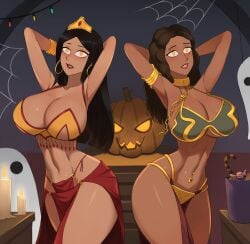 2girls aladdin armpits arms_behind_head barleyshake belly_dancer belly_dancer_outfit black_hair brown_hair cleavage cosplay costume_party dancer dancer_outfit dark-skinned_female disney disney_princess empty_eyes halloween halloween_costume harem harem_girl harem_outfit holidays hoop_earrings huge_breasts hypnosis jack-o'-lantern loincloth long_hair lucasfilm metal_bikini mind_control original_character princess_jasmine_(cosplay) pumpkin slave slave_bikini slave_leia_(cosplay) slave_outfit slavegirl star_wars voluptuous yellow_eyes