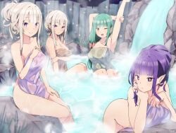 ass barto elf emilia_(re:zero) female female_only first_porn_of_character green_hair half-elf lyra_(re:zero) multiple_girls purple_eyes purple_hair re:zero_kara_hajimeru_isekai_seikatsu satella_(re:zero) shion_(re:zero) termal_water towel white_hair zerobarto