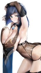 1girls armpits ass barely_clothed beauty_mark blue_hair breast_press breasts cleavage female genshin_impact green_eyes huge_breasts large_ass light-skinned_female light_skin mole_on_breast poharo short_hair thick_thighs thighs yelan_(genshin_impact)