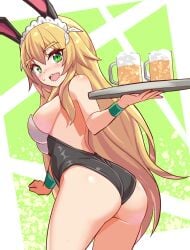 ass beer black_leotard blonde_hair blush cougar1404 cougar_(cougar1404) crossed_bangs frederica_baumann green_eyes large_breasts leotard looking_at_viewer looking_back maid_headdress open_mouth playboy_bunny re:zero_kara_hajimeru_isekai_seikatsu sharp_teeth sidelocks teardrop thick_eyebrows