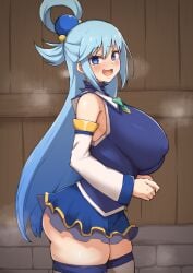 1girls absurd_res aqua_(konosuba) ass big_ass big_breasts blue_eyes blue_hair breasts clothed_female eye_contact female female_only fully_clothed goddess highres huge_breasts kono_subarashii_sekai_ni_shukufuku_wo! long_hair looking_at_viewer miniskirt no_text_version pale-skinned_female pale_skin sideboob skirt solo standing thick_thighs yamaori