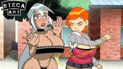 2girls accurate_art_style alternate_version_available ass_bigger_than_breasts ass_bigger_than_head ass_slap ben_10 big_ass big_breasts big_butt black_thong breasts breasts_bigger_than_head breasts_bigger_than_torso cartoon_network charmcaster female female_only gwen_tennyson hourglass_figure huge_ass huge_breasts hyper_ass hyper_breasts multiple_girls screencap screenshot screenshot_edit spanking steca straight_hair tagme thelazyart thong